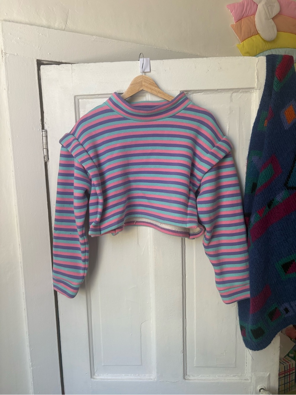 Fashion Brand Company Barbie Striped Cropped Mock Neck Sweater - Pink & Blue